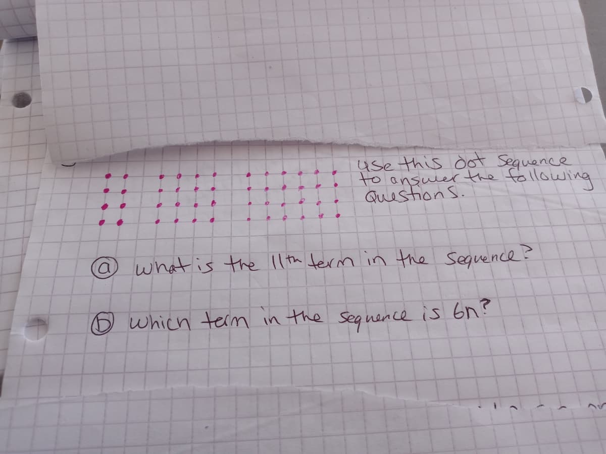 use this dot Sequence
to
ansuler the following
Question S.
@what is the ll th term in the seguence?
which teim in the seg nen ce is 6n?
