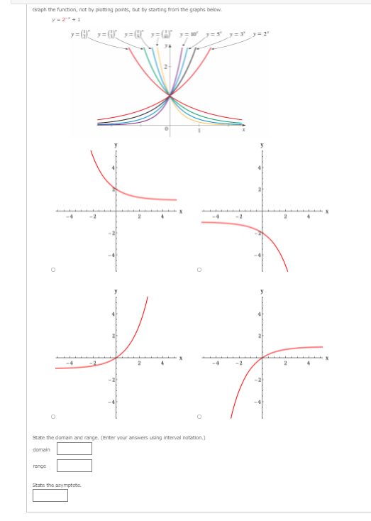 Graph the function, not by platting points, but by starting from the graphs below.
y - 2+1
y= y= 5 y=3 y= 2
y
-2
-2
y
y
-4
-4
-2
State the domain and range. (Enter your anowers using interval notation.)
domain
range
State the asymptate.
