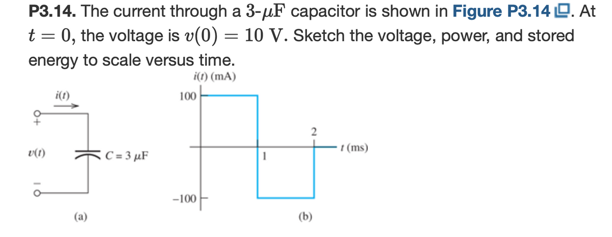 P3.14. The current through a 3-µF capacitor is shown in Figure P3.14 D. At
t = 0, the voltage is v(0) = 10 V. Sketch the voltage, power, and stored
energy to scale versus time.
i(t) (mA)
i(t)
100
t (ms)
v(1)
C = 3 µF
-100 F
(a)
(b)
