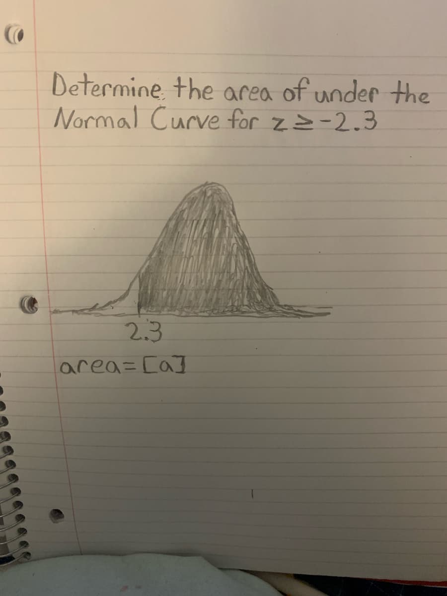 CO
Determine the area of under the
Normal Curve for z = -2.3
2.3
area= [a]