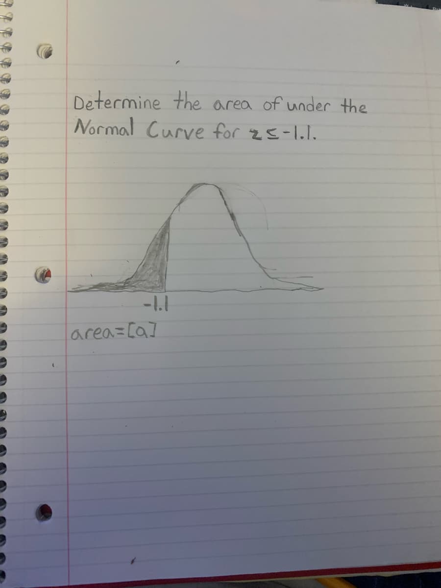 (
Determine the area of under the
Normal Curve for 2≤-1.1.
-1.1
area=[a]