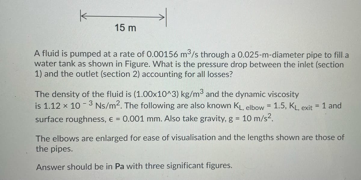 15 m
A fluid is pumped at a rate of 0.00156 m/s through a 0.025-m-diameter pipe to fill.a
water tank as shown in Figure. What is the pressure drop between the inlet (section
1) and the outlet (section 2) accounting for all losses?
The density of the fluid is (1.00x10^3) kg/m and the dynamic viscosity
is 1.12 x 10 -3 Ns/m2. The following are also known KL, elbow =
1.5, KL, exit
= 1 and
surface roughness, e =
0.001 mm. Also take gravity, g = 10 m/s2.
The elbows are enlarged for ease of visualisation and the lengths shown are those of
the pipes.
Answer should be in Pa with three significant figures.
