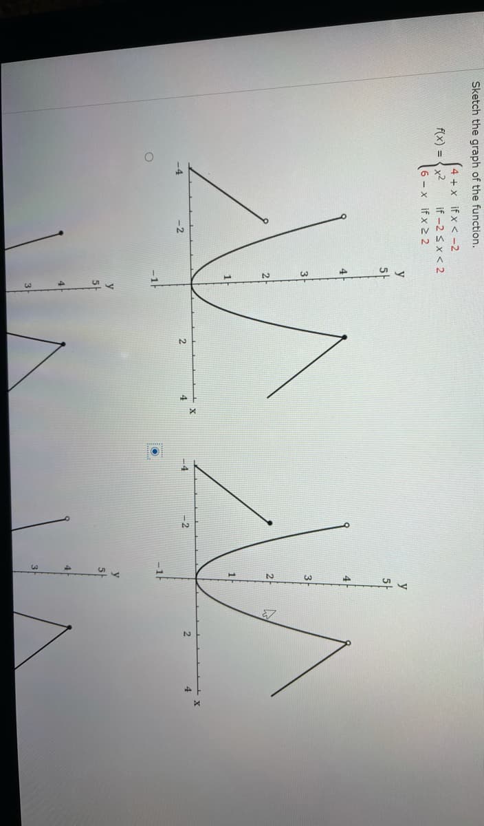 Sketch the graph of the function.
4 + x if x < -2
if -2 < x < 2
6- x if x 2 2
f(x) = {x2
y
y
5
5-
4
4
3
3
2
2
-2
4
-4
-2
-1
y
y
5
5
4
3

