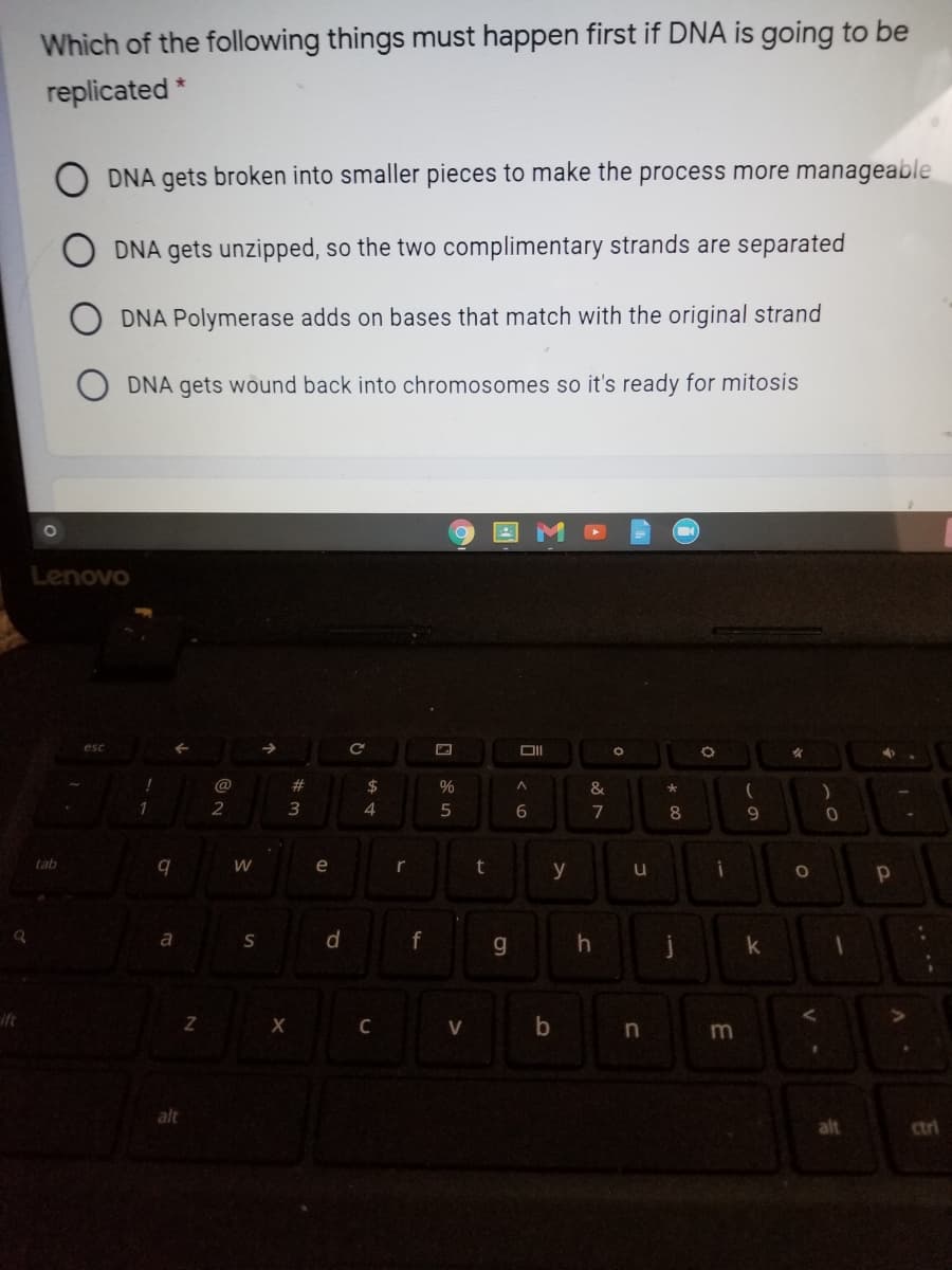 Which of the following things must happen first if DNA is going to be
replicated *
DNA gets broken into smaller pieces to make the process more manageable
DNA gets unzipped, so the two complimentary strands are separated
DNA Polymerase adds on bases that match with the original strand
DNA gets wound back into chromosomes so it's ready for mitosis
Lenovo
esc
->
女
#
2$
2
3
5
6
7
8
9.
tab
e
r
t
y
a
f
k
ift
V
alt
ctri
