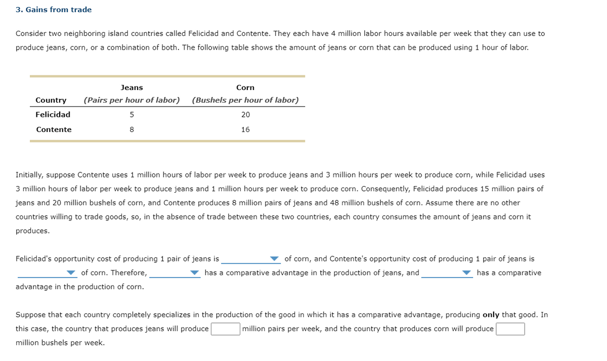 3. Gains from trade
Consider two neighboring island countries called Felicidad and Contente. They each have 4 million labor hours available per week that they can use to
produce jeans, corn, or a combination of both. The following table shows the amount of jeans or corn that can be produced using 1 hour of labor.
Jeans
Corn
Country
(Pairs per hour of labor)
(Bushels per hour of labor)
Felicidad
20
Contente
8
16
Initially, suppose Contente uses 1 million hours of labor per week to produce jeans and 3 million hours per week to produce corn, while Felicidad uses
3 million hours of labor per week to produce jeans and 1 million hours per week to produce corn. Consequently, Felicidad produces 15 million pairs of
jeans and 20 million bushels of corn, and Contente produces 8 million pairs of jeans and 48 million bushels of corn. Assume there are no other
countries willing to trade goods, so, in the absence of trade between these two countries, each country consumes the amount of jeans and corn it
produces.
Felicidad's opportunity cost of producing 1 pair of jeans is
of corn, and Contente's opportunity cost of producing 1 pair of jeans is
of corn. Therefore,
has a comparative advantage in the production of jeans, and
has a comparative
advantage in the production of corn.
Suppose that each country completely specializes in the production of the good in which it has a comparative advantage, producing only that good. In
this case, the country that produces jeans will produce
million pairs per week, and the country that produces corn will produce
million bushels per week.
