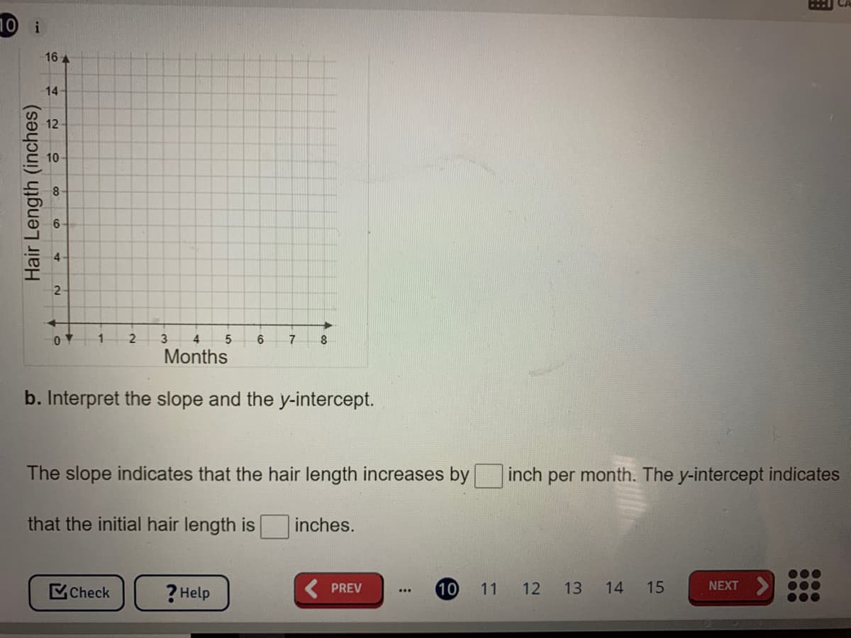 10
i
16 4
14
12
10
2
OY 1
3
4
5
6.
7.
8
Months
b. Interpret the slope and the y-intercept.
The slope indicates that the hair length increases by
inch per month. The y-intercept indicates
that the initial hair length is
inches.
MCheck
? Help
PREV
10
11
13
14
15
NEXT
...
Hair Length (inches)
12
