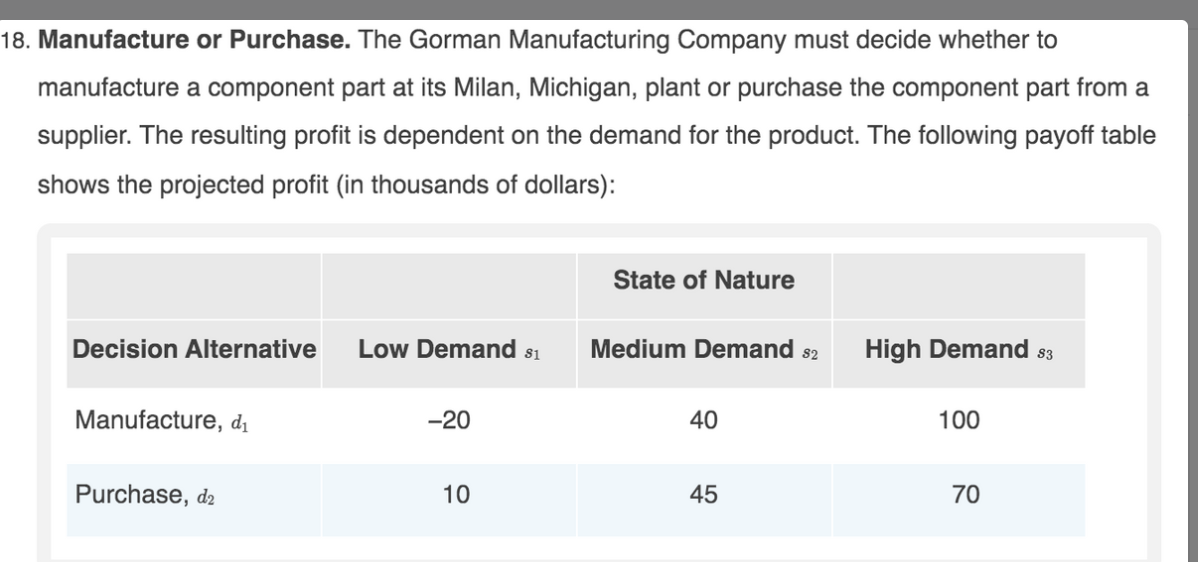 18. Manufacture or Purchase. The Gorman Manufacturing Company must decide whether to
manufacture a component part at its Milan, Michigan, plant or purchase the component part from a
supplier. The resulting profit is dependent on the demand for the product. The following payoff table
shows the projected profit (in thousands of dollars):
State of Nature
Decision Alternative
Low Demand s1
Medium Demand s2
High Demand s3
Manufacture, di
-20
40
100
Purchase, d2
10
45
70
