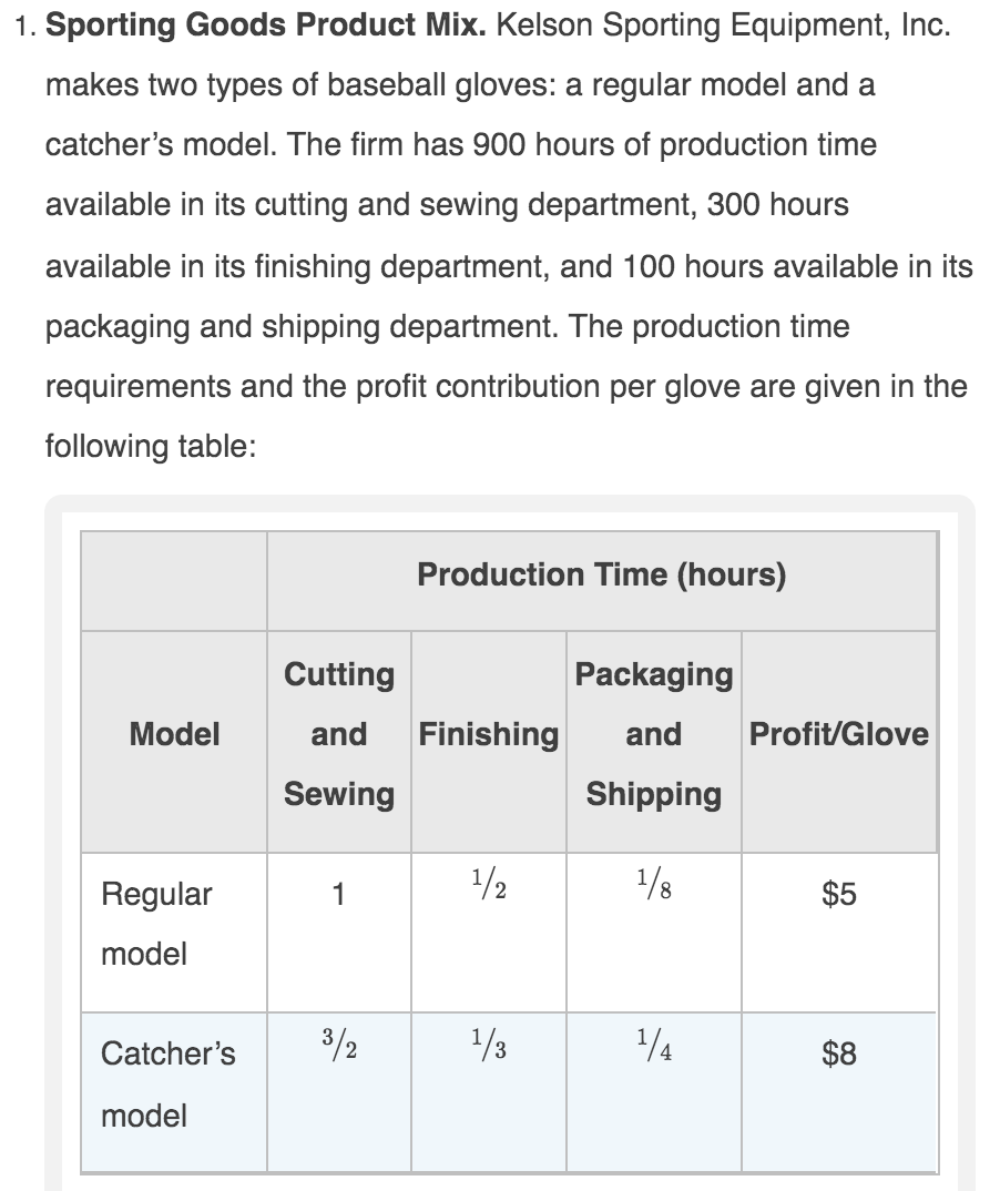 1. Sporting Goods Product Mix. Kelson Sporting Equipment, Inc.
makes two types of baseball gloves: a regular model and a
catcher's model. The firm has 900 hours of production time
available in its cutting and sewing department, 300 hours
available in its finishing department, and 100 hours available in its
packaging and shipping department. The production time
requirements and the profit contribution per glove are given in the
following table:
Production Time (hours)
Cutting
Packaging
Model
and
Finishing
and
Profit/Glove
Sewing
Shipping
Regular
1/2
1/8
$5
1
model
Catcher's
3/2
1/3
14
$8
model
