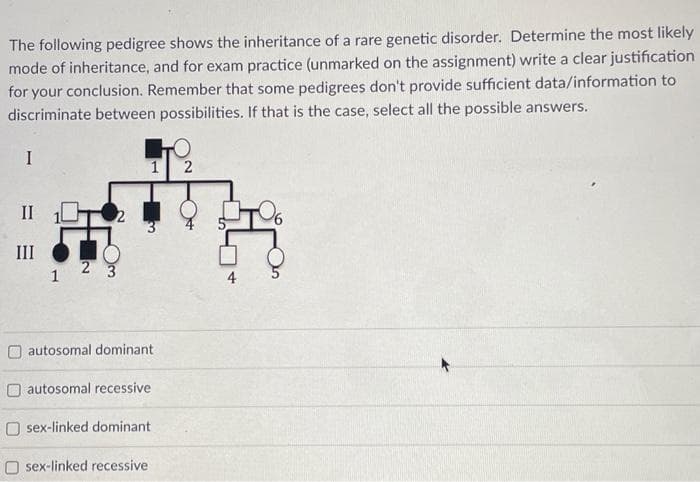 The following pedigree shows the inheritance of a rare genetic disorder. Determine the most likely
mode of inheritance, and for exam practice (unmarked on the assignment) write a clear justification
for your conclusion. Remember that some pedigrees don't provide sufficient data/information to
discriminate between possibilities. If that is the case, select all the possible answers.
I
III
Tb
2 3
1
1
3
autosomal dominant
autosomal recessive
Osex-linked dominant
Osex-linked recessive
O
2
H