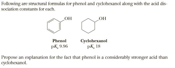 Following are structural formulas for phenol and cyclohexanol along with the acid dis-
sociation constants for each.
OH
НО
Cyclohexanol
pK, 18
Phenol
pK, 9.96
Propose an explanation for the fact that phenol is a considerably stronger acid than
cyclohexanol.
