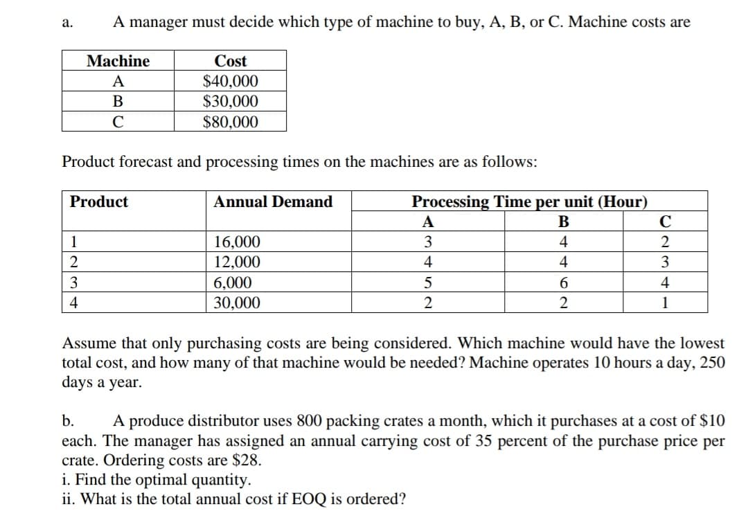 A manager must decide which type of machine to buy, A, B, or C. Machine costs are
а.
Machine
Cost
$40,000
$30,000
$80,000
A
В
C
Product forecast and processing times on the machines are as follows:
Product
Annual Demand
Processing Time per unit (Hour)
А
В
C
16,000
12,000
6,000
30,000
1
3
4
2
2
4
3
3
4
4
1
Assume that only purchasing costs are being considered. Which machine would have the lowest
total cost, and how many of that machine would be needed? Machine operates 10 hours a day, 250
days a year.
b.
A produce distributor uses 800 packing crates a month, which it purchases at a cost of $10
each. The manager has assigned an annual carrying cost of 35 percent of the purchase price per
crate. Ordering costs are $28.
i. Find the optimal quantity.
ii. What is the total annual cost if EOQ is ordered?
