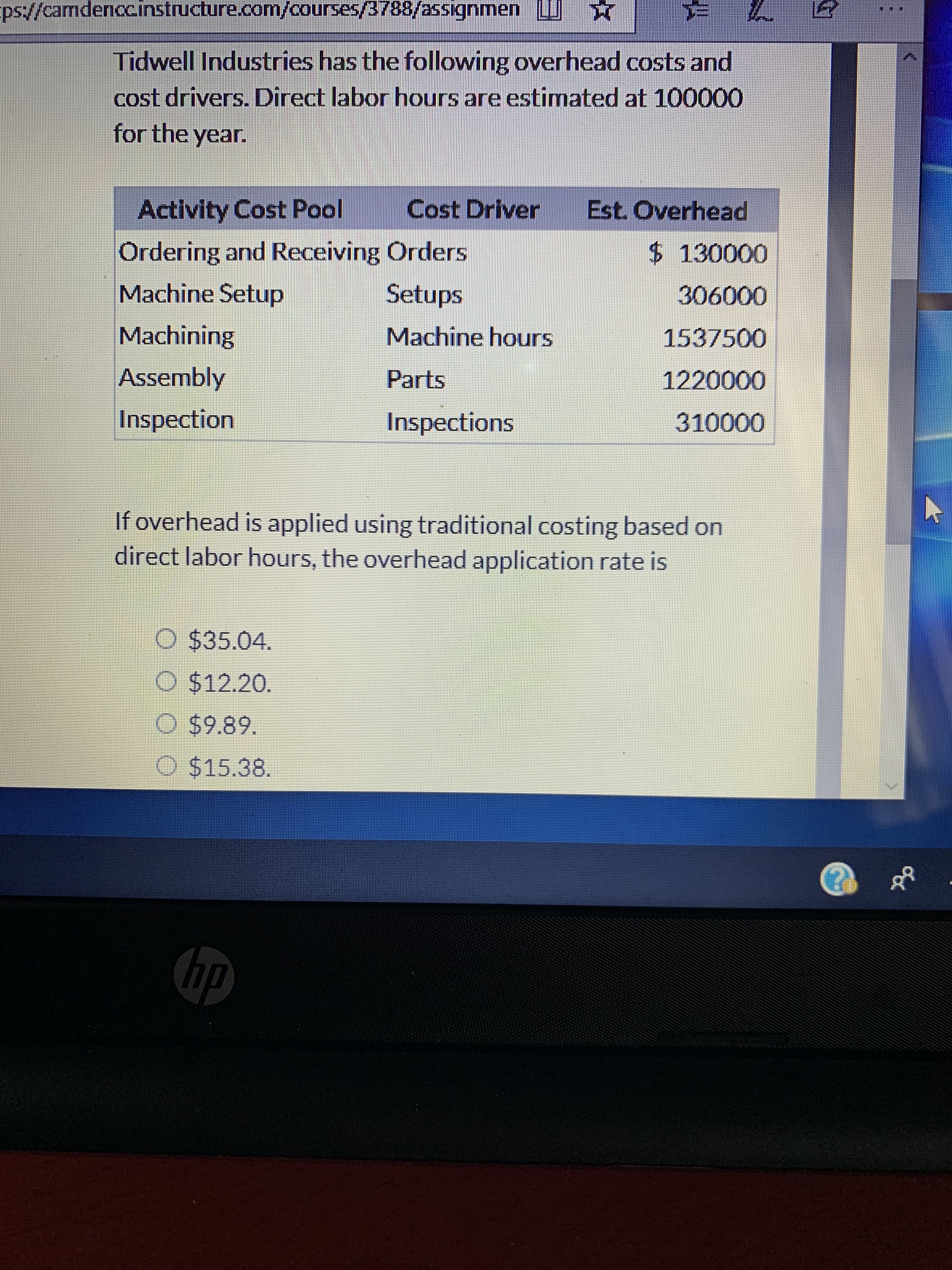 ps//camdenccinstructure.com/courses/3788/assignmen LU
Tidwell Industries has the following overhead costs and
cost drivers. Direct labor hours are estimated at 100000
for the year.
Cost Driver
Activity Cost Pool
Ordering and Receiving Orders
Est. Overhead
$ 130000
Machine Setup
Setups
306000
Machining
Machine hours
1537500
Assembly
Parts
1220000
Inspection
310000
Inspections
If overhead is applied using traditional costing based on
direct labor hours, the overhead application rate is
O $35.04.
O $12.20.
O $9.89.
O $15.38.
ip
