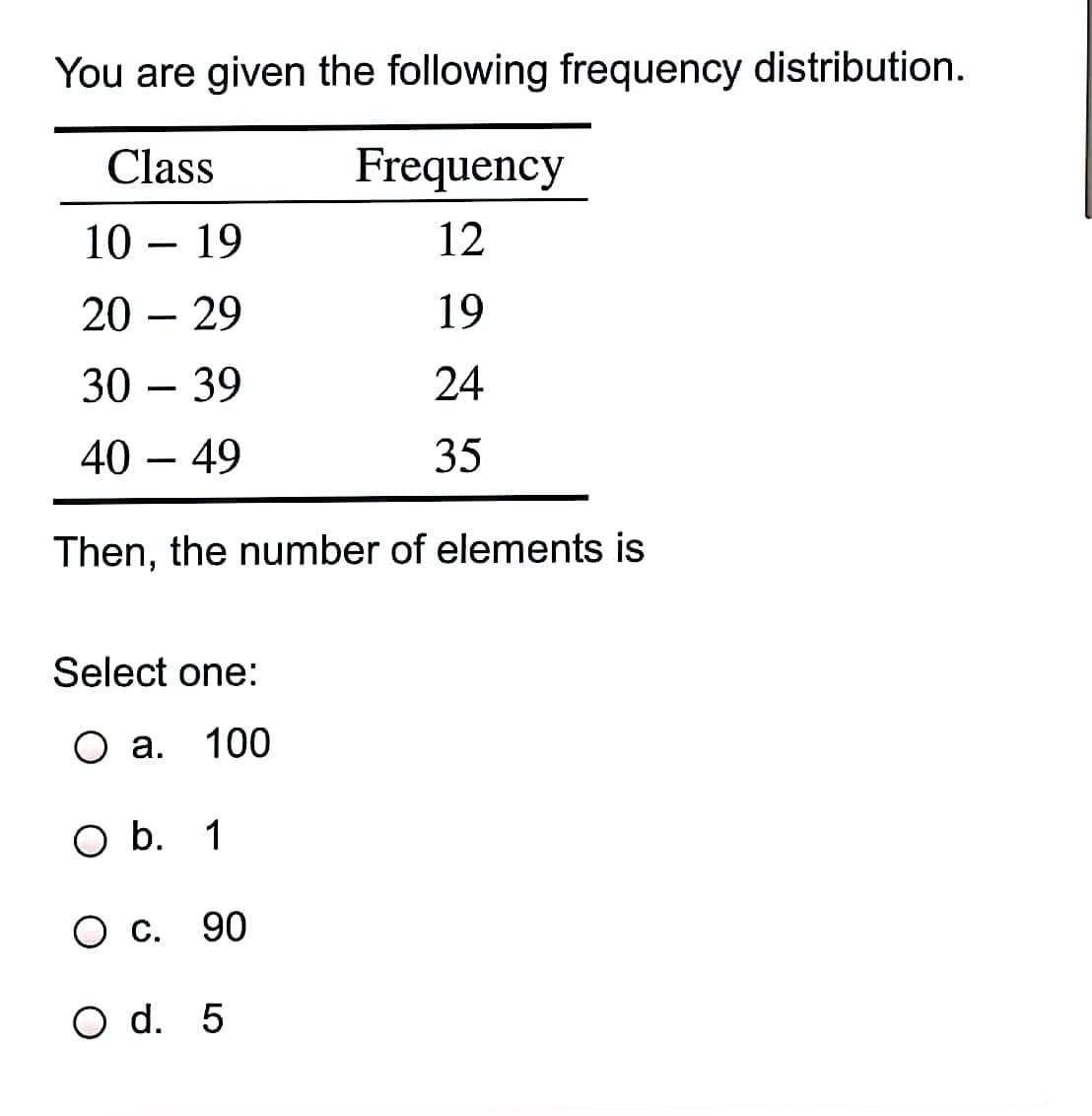 You are given the following frequency distribution.
Class
Frequency
10 – 19
12
20 – 29
19
30 – 39
24
40 – 49
35
Then, the number of elements is
Select one:
О а. 100
O b. 1
Ос. 90
O d. 5
