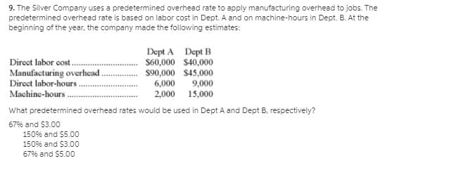 9. The Silver Company uses a predetermined overhead rate to apply manufacturing overhead to jobs. The
predetermined overhead rate is based on labor cost in Dept. A and on machine-hours in Dept. B. At the
beginning of the year, the company made the following estimates:
Dept A Dept B
S60,000 $40,000
Direct labor cost.
Manufacturing overhead.
Direct labor-hours.
$90,000 $45,000
6,000
9,000
2,000 15,000
Machine-hours ..
What predetermined overhead rates would be used in Dept A and Dept B, respectively?
67% and S3.00
150% and $5.00
150% and $3.00
67% and $5.00

