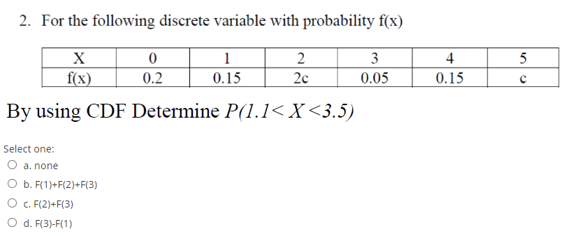 2. For the following discrete variable with probability f(x)
X
1
3
4
5
f(x)
0.2
0.15
2c
0.05
0.15
By using CDF Determine P(1.1< X <3.5)
Select one:
O a. none
O b. F(1)+F(2)+F(3)
O c. F(2)+F(3)
O d. F(3)-F(1)
