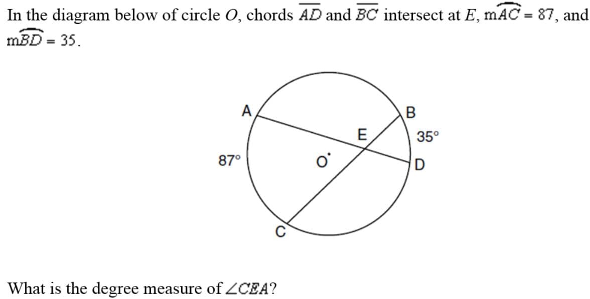 In the diagram below of circle O, chords AD and BC intersect at E, mAC = 87, and
mBD = 35.
%3D
А
E
35°
87°
What is the degree measure of ZCEA?
