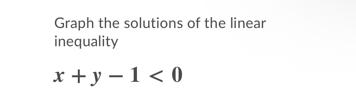 Graph the solutions of the linear
inequality
x + y – 1 < 0
