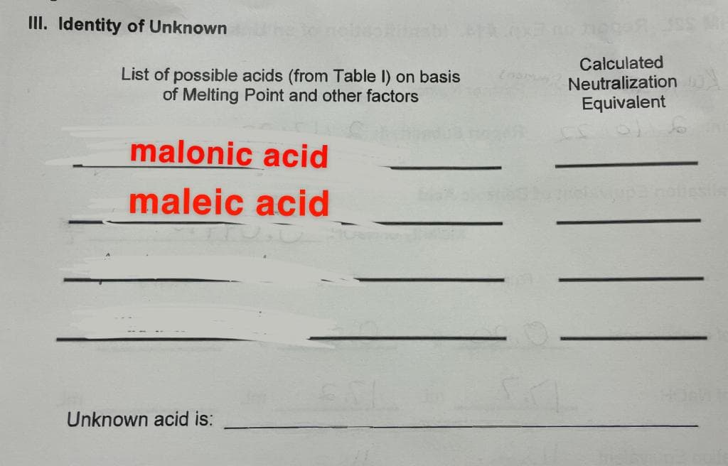 III. Identity of Unknown
List of possible acids (from Table I) on basis
of Melting Point and other factors
Calculated
Neutralization
Equivalent
malonic acid
maleic acid
Unknown acid is:
