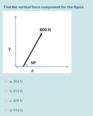 Find the vertical force component for the figure
800 N
y
50°
a. 304 N
O b. 612 N
O c. 424 N
O d. 514 N
