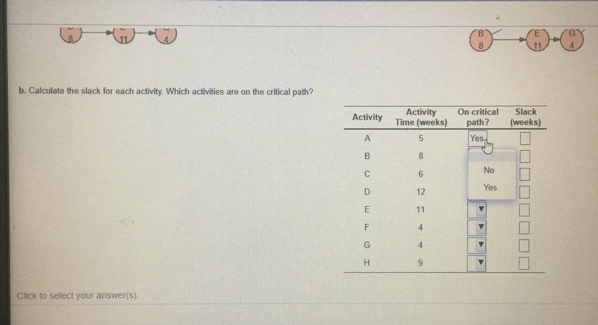 B.
8.
b. Calculate the slack for each activity. Which activities are on the critical path?
On critical
path?
Slack
Activity
Time (weeks)
Activity
(weeks)
Yes
8.
No
C
Yes
12
11
4
G
H.
9.
Click to select your answer(s).

