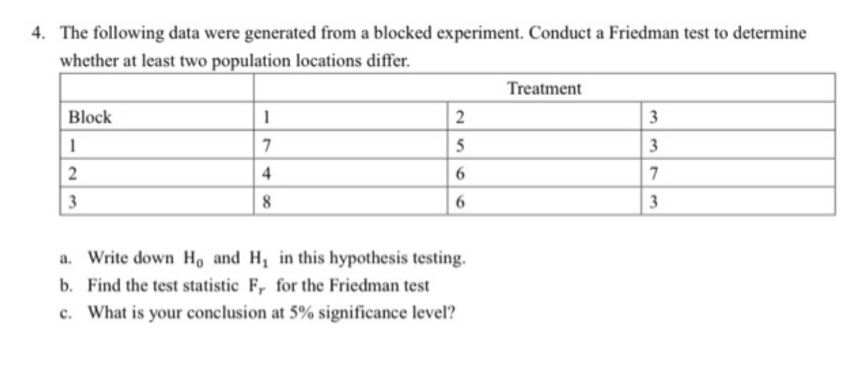 4. The following data were generated from a blocked experiment. Conduct a Friedman test to determine
whether at least two population locations differ.
Treatment
Block
| 1
2
7
5
4
6
7
3
8
6.
3
a. Write down Ho and H, in this hypothesis testing.
b. Find the test statistic F, for the Friedman test
c. What is your conclusion at 5% significance level?
2.
