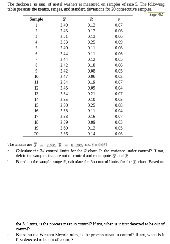 The thickness, in mm, of metal washers is measured on samples of size 5. The following
table presents the means, ranges, and standard deviations for 20 consecutive samples.
Page 792
Sample
2.49
0.12
0.07
2
2.45
0.17
0.06
2.51
0.13
0.06
4
2.53
0.25
0.09
5
2.49
0.11
0.06
2.44
0.11
0.06
2.44
0.12
0.05
2.42
0.18
0.06
2.42
0.08
0.05
10
2.47
0.06
0.02
11
2.54
0.19
0.07
12
2.45
0.09
0.04
13
2.54
0.21
0.07
14
2.55
0.10
0.05
15
2.50
0.25
0.08
16
2.53
0.11
0.04
17
2.58
0.16
0.07
18
2.59
0.09
0.03
19
2.60
0.12
0.05
20
2.56
0.14
0.06
The means are X
2.505. R = 0.1395, and y = 0.057
Calculate the 30 control limits for the R chart. Is the variance under control? If not,
delete the samples that are out of control and recompute X and R.
Based on the sample range R, calculate the 30 control limits for the X chart. Based on
a.
b.
the 30 limits, is the process mean in control? If not, when is it first detected to be out of
control?
Based on the Western Electric rules, is the process mean in control? If not, when is it
first detected to be out of control?
C.
