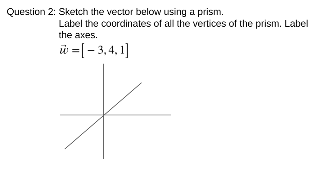 :: Sketch the vector below using a prism.
Label the coordinates of all the vertices of the prism. Label
the axes.
w =[- 3,4, 1]
