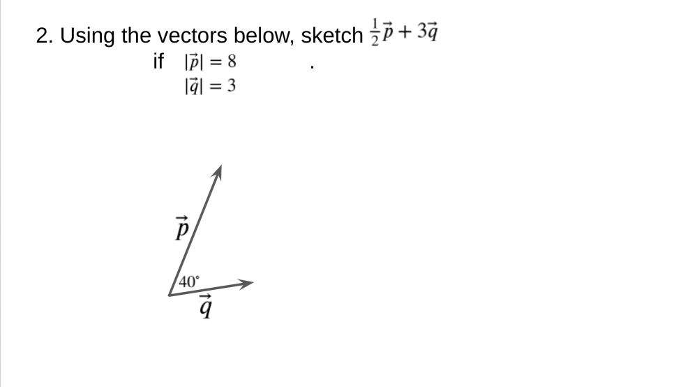 Using the vectors below, sketch ¿p+ 3ġ
if Ipl = 8
lg| = 3
%3D
%3D
40°
