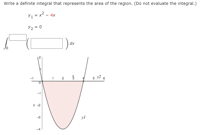 Write a definite integral that represents the area of the region. (Do not evaluate the integral.)
Y1 = x? - 4x
Y2 = 0
dx
5 y2 6
y -2
yl
