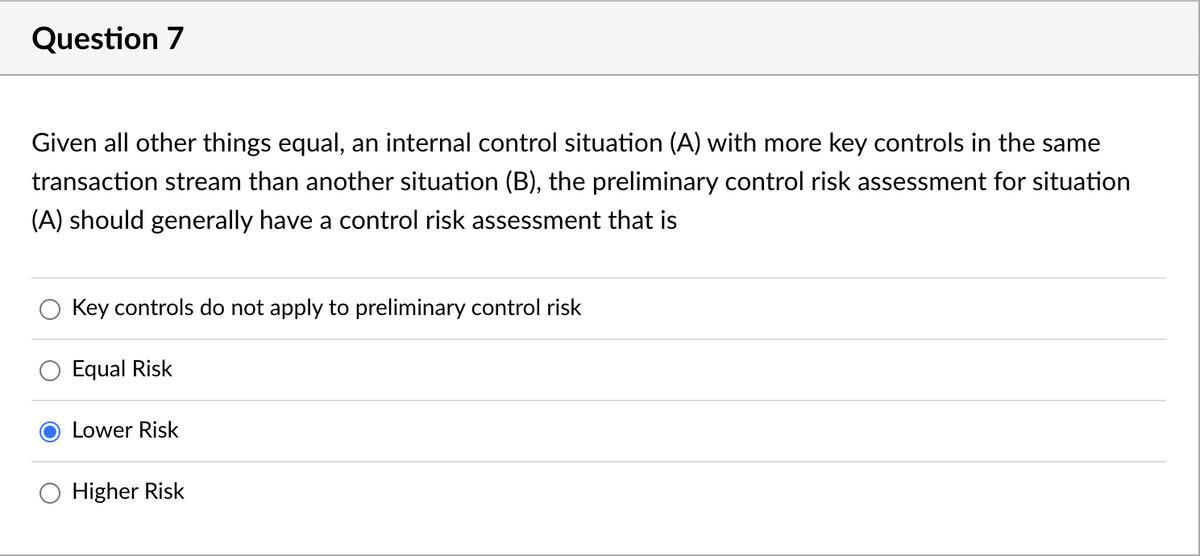 Question 7
Given all other things equal, an internal control situation (A) with more key controls in the same
transaction stream than another situation (B), the preliminary control risk assessment for situation
(A) should generally have a control risk assessment that is
Key controls do not apply to preliminary control risk
Equal Risk
Lower Risk
Higher Risk