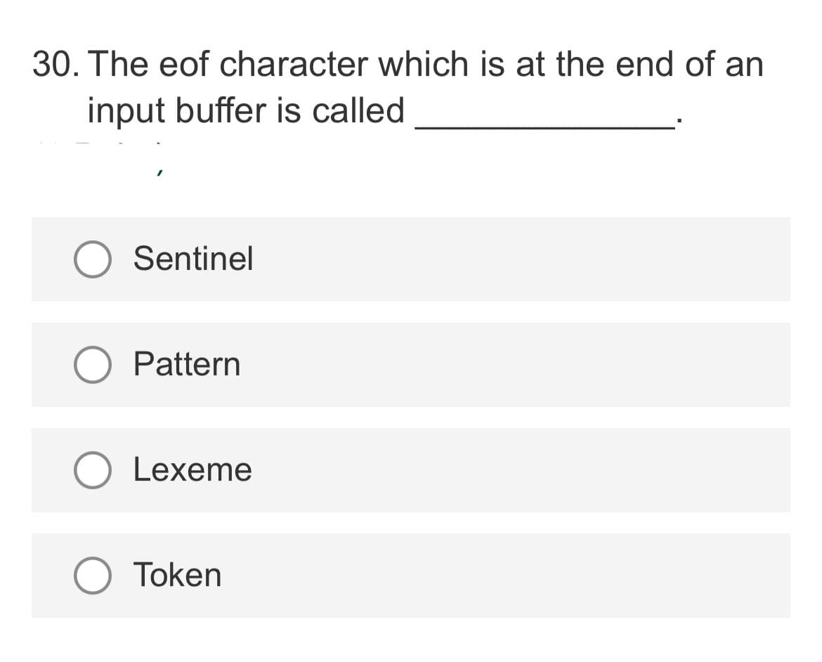 30. The eof character which is at the end of an
input buffer is called
Sentinel
Pattern
Lexeme
Token
