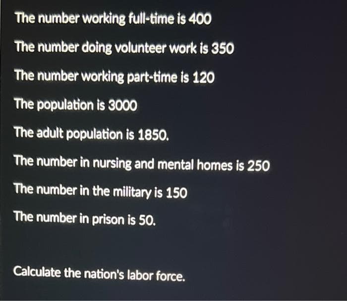 The number working full-time is 400
The number doing volunteer work is 350
The number working part-time is 120
The population is 3000
The adult population is 1850.
The number in nursing and mental homes is 250
The number in the military is 150
The number in prison is 50.
Calculate the nation's labor force.
