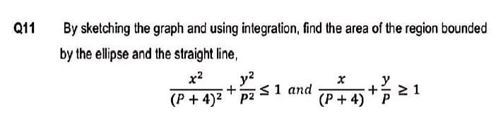 Q11
By sketching the graph and using integration, find the area of the region bounded
by the ellipse and the straight line,
y?
<1 and
(P + 4)2 p2
x2
y
(P+ 4)
P
12
