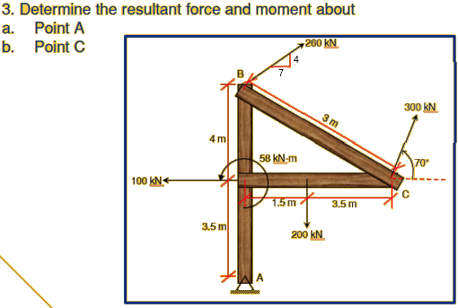 3. Determine the resultant force and moment about
a. Point A
260 KN.
b. Point C
300 kN.
3m
4 m
58 kN-m
70"
100 kN+
1.5 m
3.5 m
3.5 m
200 kN.
