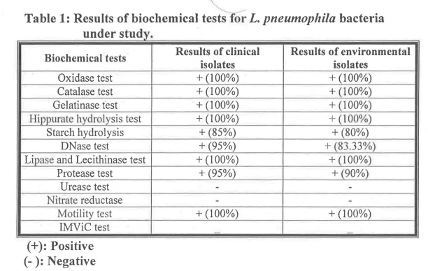 Table 1: Results of biochemical tests for L. pneumophila bacteria
under study.
Results of clinical
Results of environmental
Biochemical tests
isolates
isolates
Oxidase test
Catalase test
Gelatinase test
Hippurate hydrolysis test
Starch hydrolysis
DNase test
Lipase and Lecithinase test
+ (100%)
+(100%)
+ (100%)
+ (100%)
+ (85%)
+ (95%)
+ (100%)
+ (95%)
+(100%)
+ (100%)
+ (100%)
+(100%)
+ (80%)
+ (83.33%)
+ (100%)
+ (90%)
Protease test
Urease test
Nitrate reductase
Motility test
IMVIC test
+ (100%)
+ (100%)
(+): Positive
(- ): Negative
