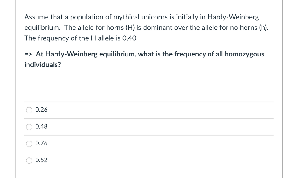 Assume that a population of mythical unicorns is initially in Hardy-Weinberg
equilibrium. The allele for horns (H) is dominant over the allele for no horns (h).
The frequency of the H allele is 0.40
=> At Hardy-Weinberg equilibrium, what is the frequency of all homozygous
individuals?
0.26
0.48
0.76
0.52
