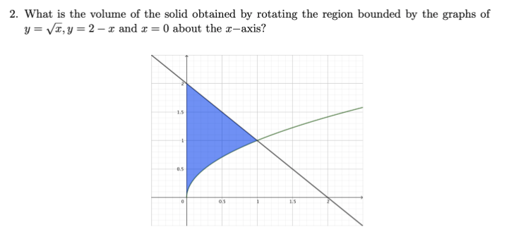 2. What is the volume of the solid obtained by rotating the region bounded by the graphs of
y = VI, y = 2 – x and r = 0 about the x-axis?
1.5
0.5
1.5
