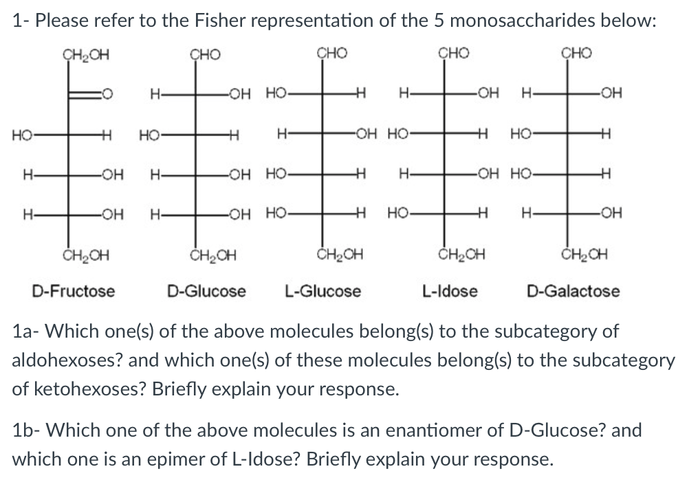 1- Please refer to the Fisher representation of the 5 monosaccharides below:
ÇH2OH
CHO
CHO
CHO
CHO
H-
H-
он
H-
OH
OH HO
HO
но-
H-
OH HO
Но-
H-
-OH
H-
H-
-OH HO-
OH HO
H-
-OH
H-
-OH HO
HO
H-
OH
ČH2OH
ČH2CH
ČH2CH
ČH2CH
ČH2CH
D-Fructose
D-Glucose
L-Glucose
L-Idose
D-Galactose
1a- Which one(s) of the above molecules belong(s) to the subcategory of
aldohexoses? and which one(s) of these molecules belong(s) to the subcategory
of ketohexoses? Briefly explain your response.
1b- Which one of the above molecules is an enantiomer of D-Glucose? and
which one is an epimer of L-Ildose? Briefly explain your response.
