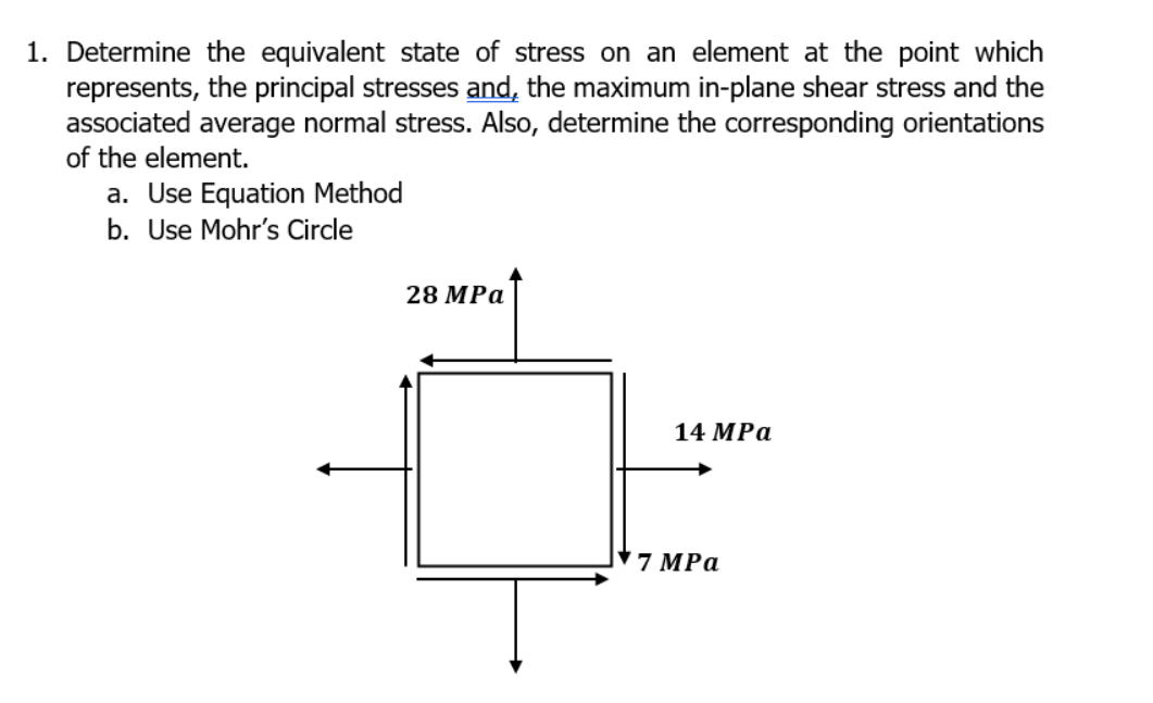 1. Determine the equivalent state of stress on an element at the point which
represents, the principal stresses and, the maximum in-plane shear stress and the
associated average normal stress. Also, determine the corresponding orientations
of the element.
a. Use Equation Method
b. Use Mohr's Circle
28 MPa
14 MPa
7 MPa