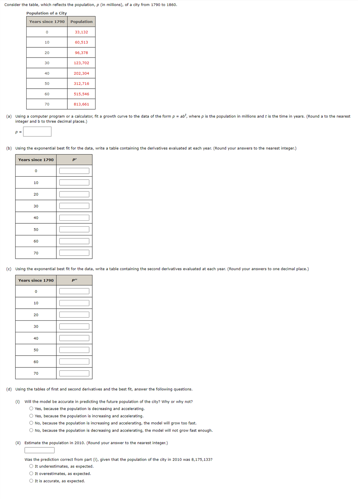 Consider the table, which reflects the population, p (in millions), of a city from 1790 to 1860.
Population of a City
Years since 1790
Population
33,132
10
60,513
20
96,378
30
123,702
40
202,304
50
312,716
60
515,546
70
813,661
(a) Using a computer program or a calculator, fit a growth curve to the data of the form p = ab", where p is the population in millions and t is the time in years. (Round a to the nearest
integer and b to three decimal places.)
p =
(b) Using the exponential best fit for the data, write a table containing the derivatives evaluated at each year. (Round your answers to the nearest integer.)
Years since 1790
10
20
30
40
50
60
70
(c) Using the exponential best fit for the data, write a table containing the second derivatives evaluated at each year. (Round your answers to one decimal place.)
Years since 1790
p"
10
20
30
40
50
60
70
(d) Using the tables of first and second derivatives and the best fit, answer the following questions.
(i)
Will the model be accurate in predicting the future population of the city? Why or why not?
O Yes, because the population is decreasing and accelerating.
O Yes, because the population is increasing and accelerating.
O No, because the population is increasing and accelerating, the model will grow too fast.
O No, because the population is decreasing and accelerating, the model will not grow fast enough.
(ii) Estimate the population in 2010. (Round your answer to the nearest integer.)
Was the prediction correct from part (i), given that the population of the city in 2010 was 8,175,133?
O It underestimates, as expected.
O It overestimates, as expected.
O It is accurate, as expected.
