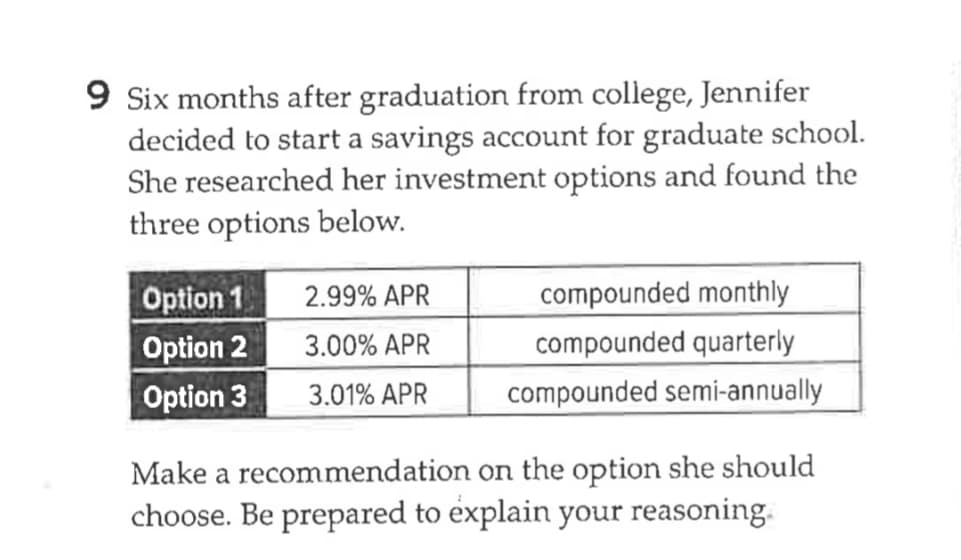 9 Six months after graduation from college, Jennifer
decided to start a savings account for graduate school.
She researched her investment options and found the
three options below.
Option 1 2.99% APR
Option 2
3.00% APR
Option 3
3.01% APR
compounded monthly
compounded quarterly
compounded semi-annually
Make a recommendation on the option she should
choose. Be prepared to explain your reasoning.