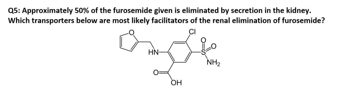 Q5: Approximately 50% of the furosemide given is eliminated by secretion in the kidney.
Which transporters below are most likely facilitators of the renal elimination of furosemide?
HN-
NH2
HQ
