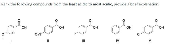 Rank the following compounds from the least acidic to most acidic, provide a brief explanation.
он
он
`OH
`OH
O2N
II
IV
