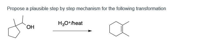Propose a plausible step by step mechanism for the following transformation
H3O*/heat
`OH
