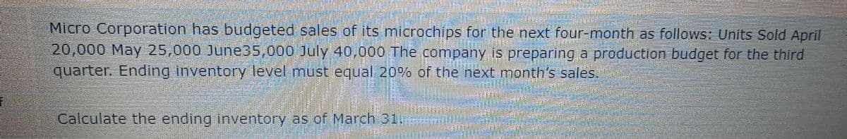 Micro Corporation has budgeted sales of its microchips for the next four-month as follows: Units Sold April
20,000 May 25,000 June35,000 July 40,000 The company is preparing a production budget for the third
quarter. Ending inventory level must equal 20% of the next month's sales.
Calculate the ending inventory as of March 31.
