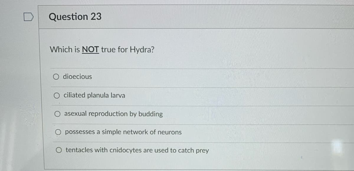 Question 23
Which is NOT true for Hydra?
O dioecious
ciliated planula larva
asexual reproduction by budding
possesses a simple network of neurons
O tentacles with cnidocytes are used to catch prey
