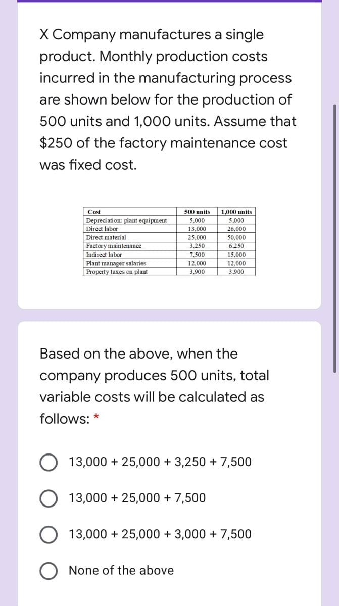 X Company manufactures a single
product. Monthly production costs
incurred in the manufacturing process
are shown below for the production of
500 units and 1,000 units. Assume that
$250 of the factory maintenance cost
was fixed cost.
Cost
500 units
1.000 units
|Depreciation: plant equipment
Direct labor
5,000
5.000
13.000
25.000
26,000
Direct material
Factory maintenance
Indirect labor
50.000
3,250
6.250
7,500
15,000
12,000
Plant manager salaries
Property taxes on plant
12,000
3,900
3,900
Based on the above, when the
company produces 500 units, total
variable costs will be calculated as
follows: *
13,000 + 25,000 + 3,250 + 7,500
13,000 + 25,000 + 7,500
13,000 + 25,000 + 3,000 + 7,500
O None of the above
