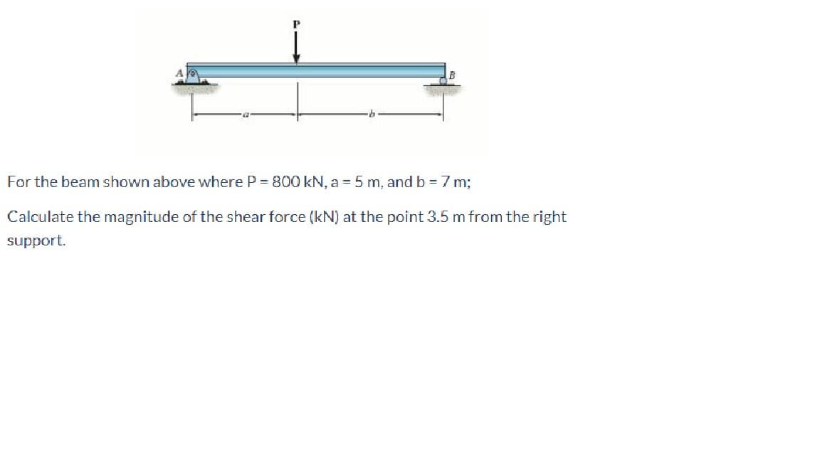 For the beam shown above where P = 800 kN, a = 5 m, and b = 7 m;
Calculate the magnitude of the shear force (kN) at the point 3.5 m from the right
support.