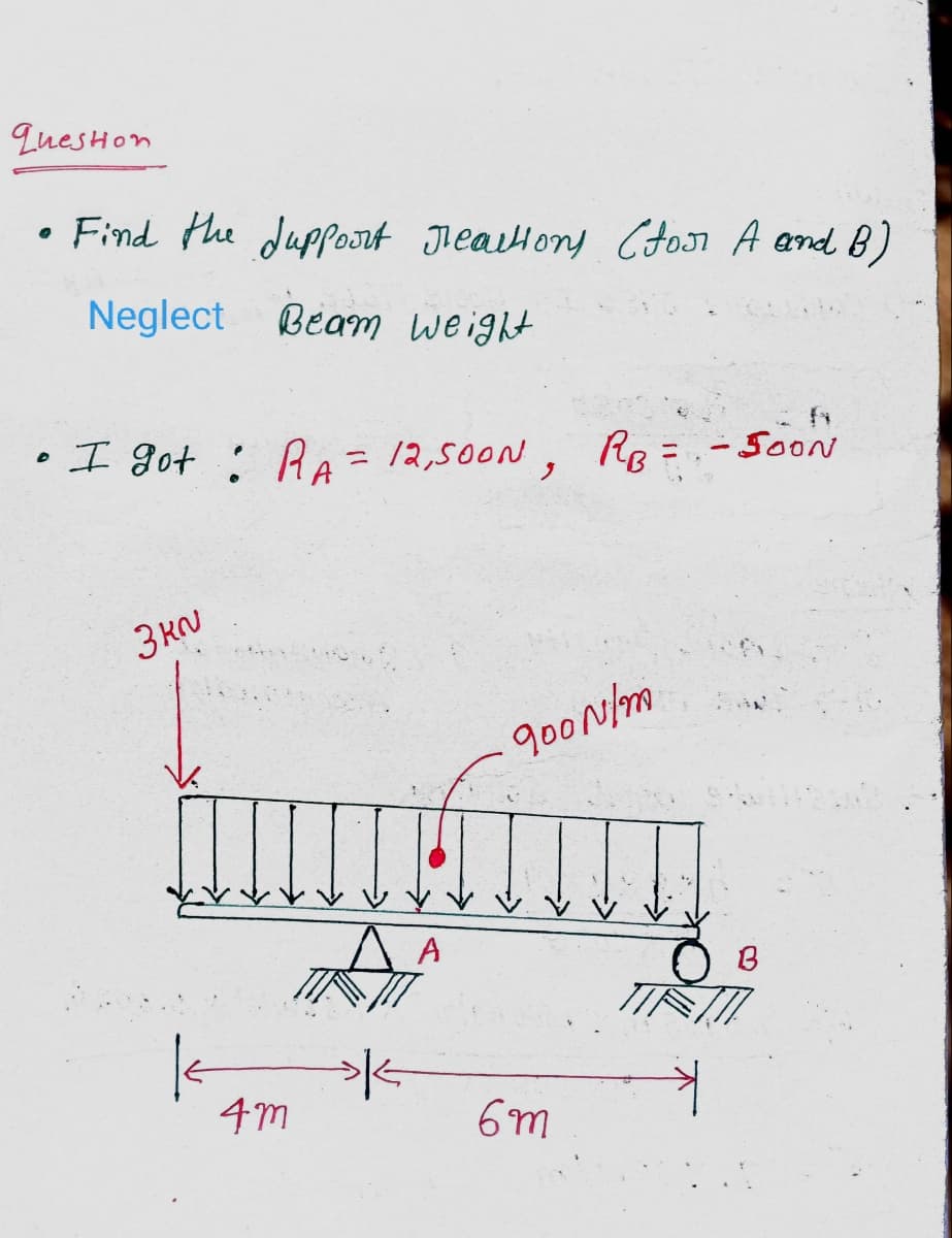 question
• Find the support Jeautions (for A and B)
Neglect
Beam weight
• I got: RA= 12,500N, RB = - SOON
3KN
4m
水
900 N/m
6m
B