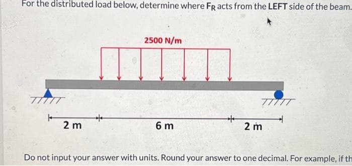 For the distributed load below, determine where FR acts from the LEFT side of the beam.
TITIT
+
2 m
2500 N/m
6 m
TTTTT
2 m
Do not input your answer with units. Round your answer to one decimal. For example, if the